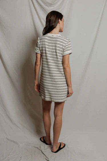 Nella Loop Terry Stripe Short Sleeve Dress in Natural/Chocolate Stripe