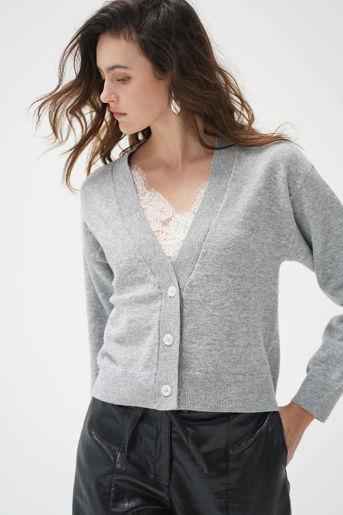 STERLING LACE TRIM SWEATER IN HEATHER GREY