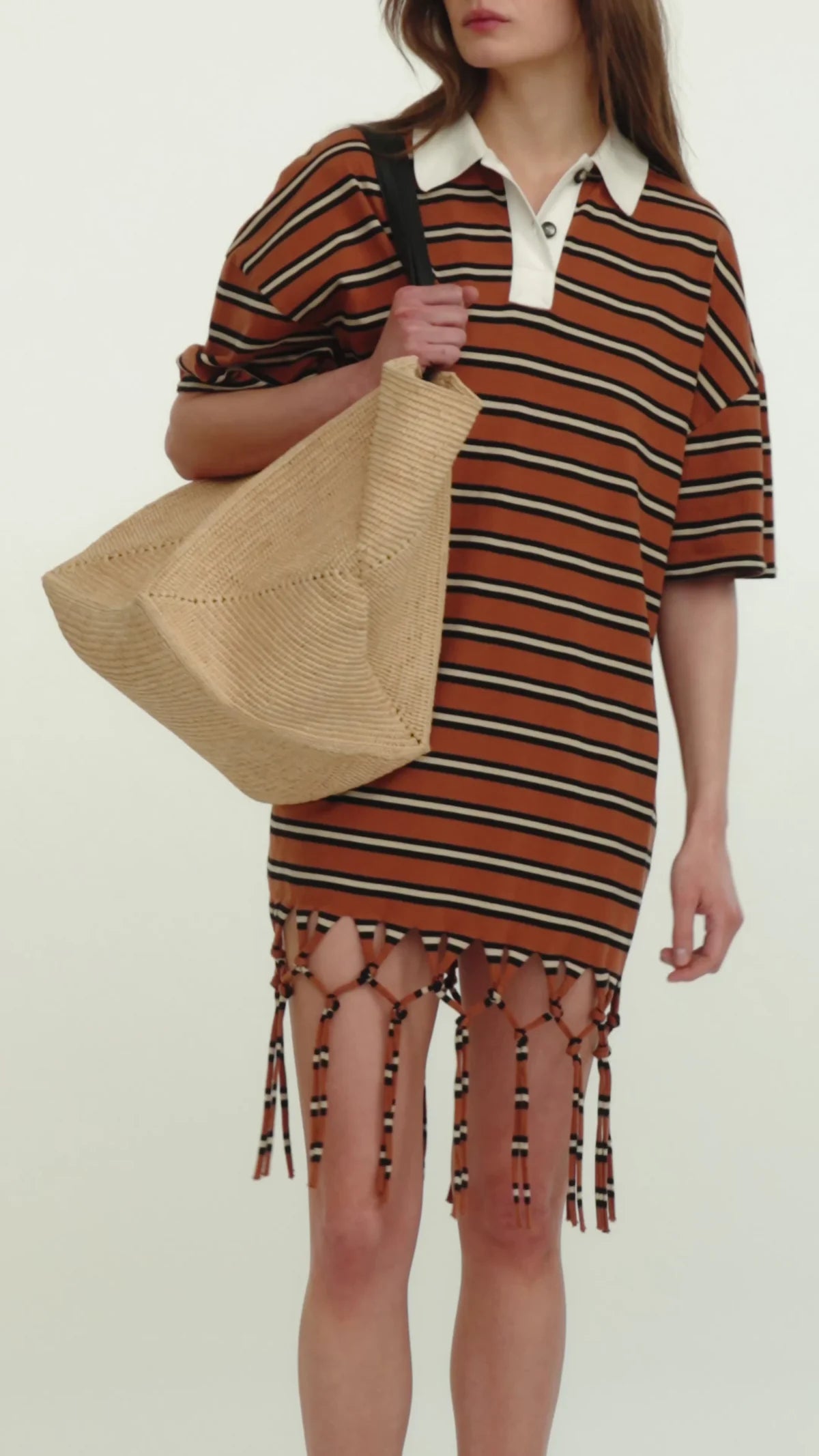 BENINGA Dress in Tan/White/Black Stripe