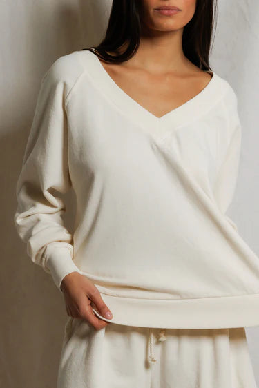 Sinead Relaxed French Terry V Neck Sweatshirt in Bright Ivory