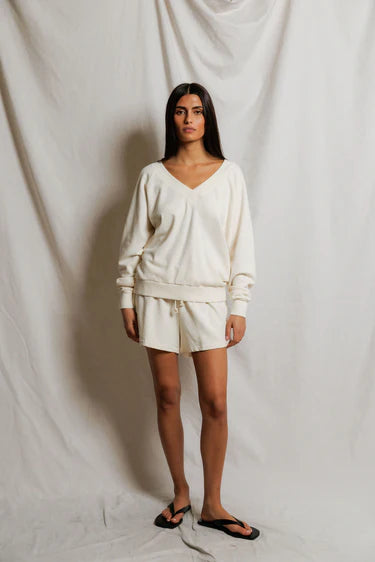 Sinead Relaxed French Terry V Neck Sweatshirt in Bright Ivory