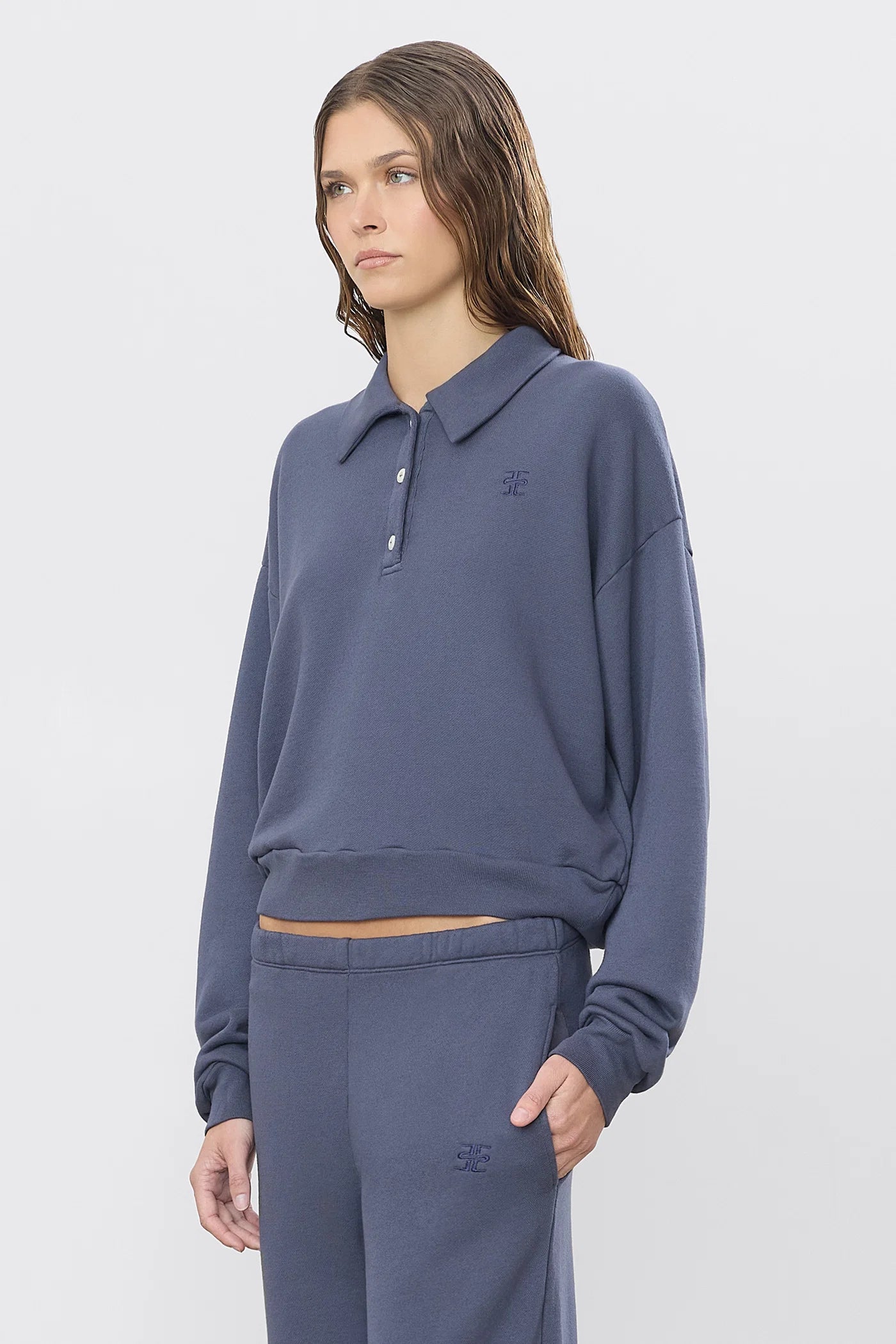 Cropped Polo Sweatshirt in Washed Navy