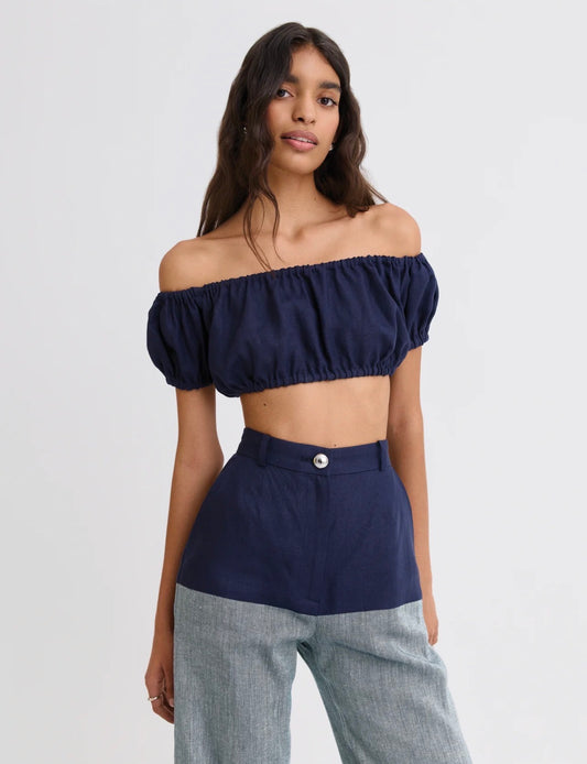 Bubble Crop Top in Navy Linen