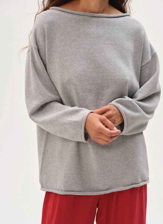 The Cotton Knit Boat Neck Sweater in Heather Grey