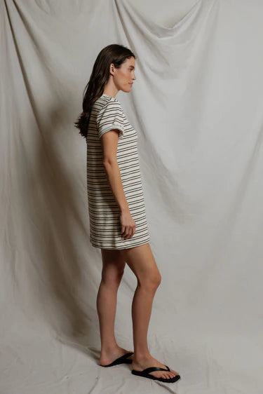 Nella Loop Terry Stripe Short Sleeve Dress in Natural/Chocolate Stripe