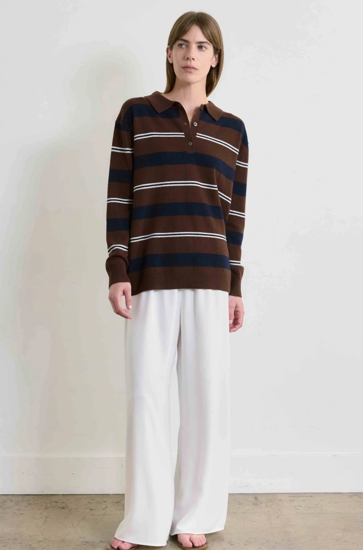 Lightweight Wool Polo in Brown Stripes