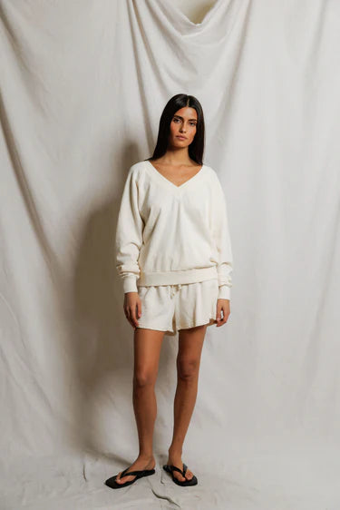 Sinead Relaxed French Terry V Neck Sweatshirt in Bright Ivory