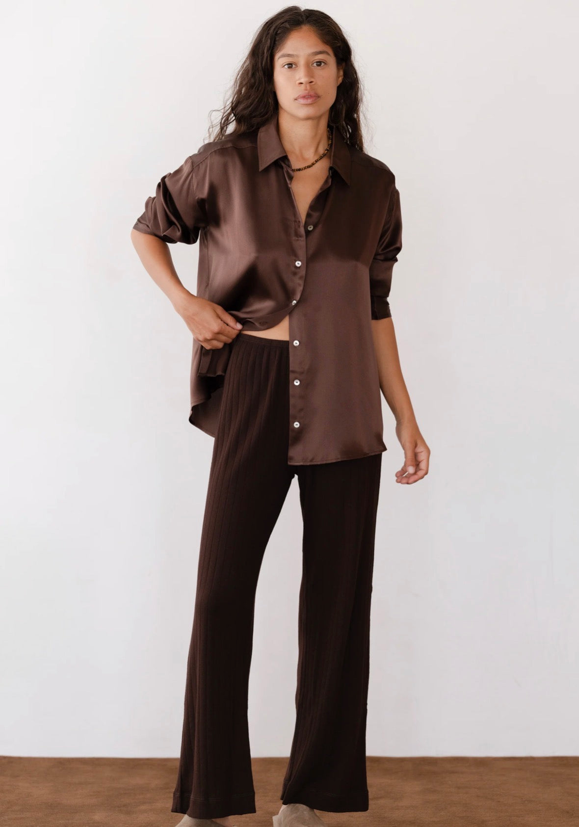 The Pointelle Simple Crop Pant in Espresso
