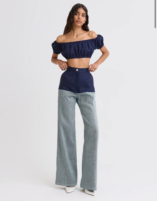 High Waist Combo Jeans in Navy Linen