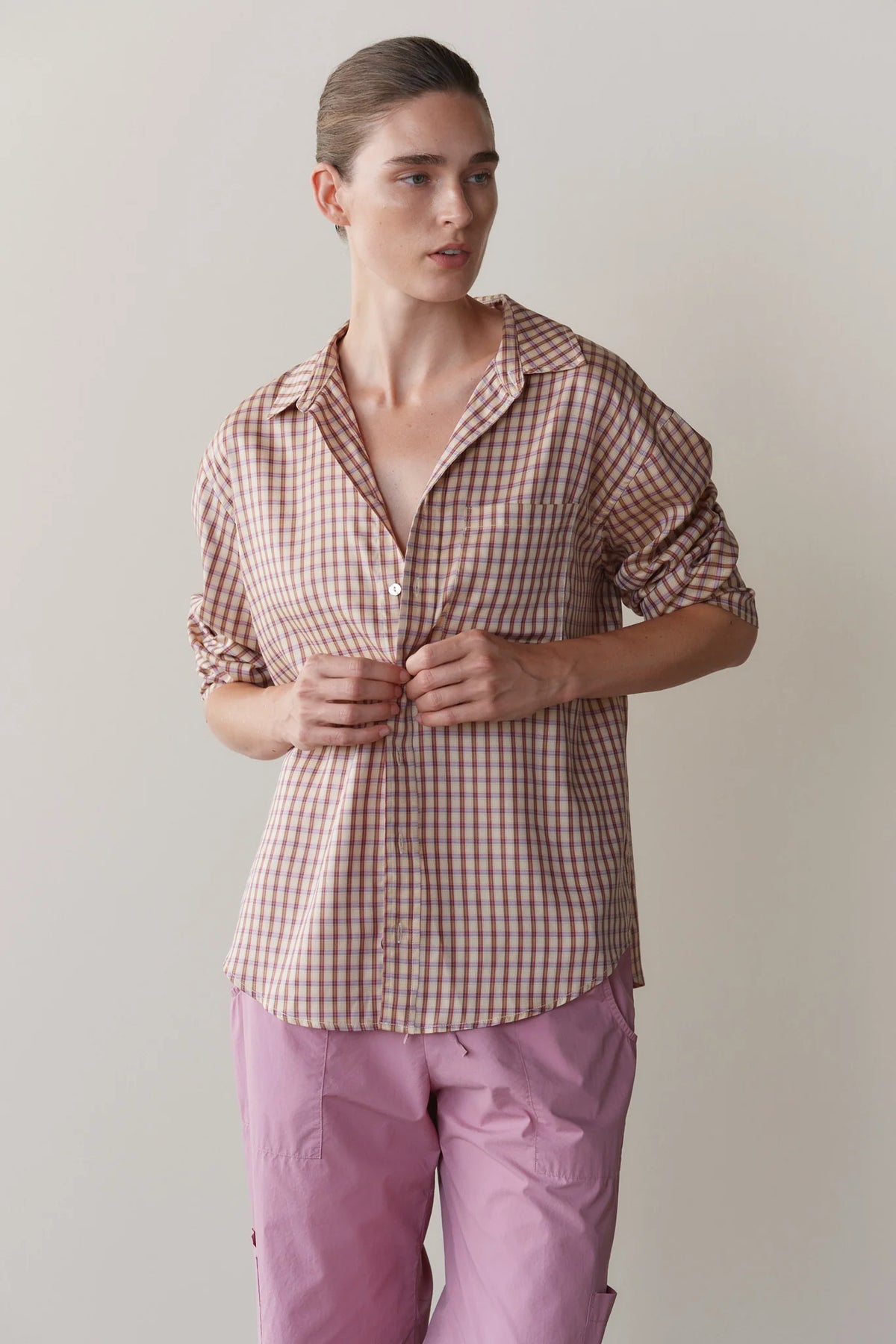 The Tencel Plaid Shirt in Creme/Roz Plaid