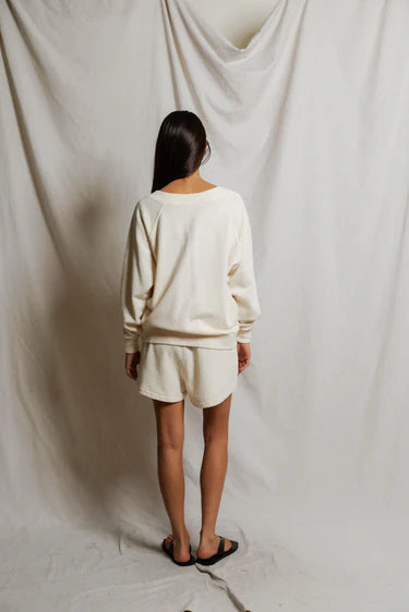 Sinead Relaxed French Terry V Neck Sweatshirt in Bright Ivory