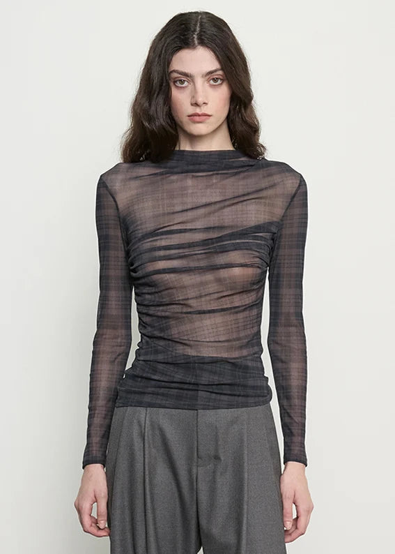 Mesh L/S Twist Top in Plaid