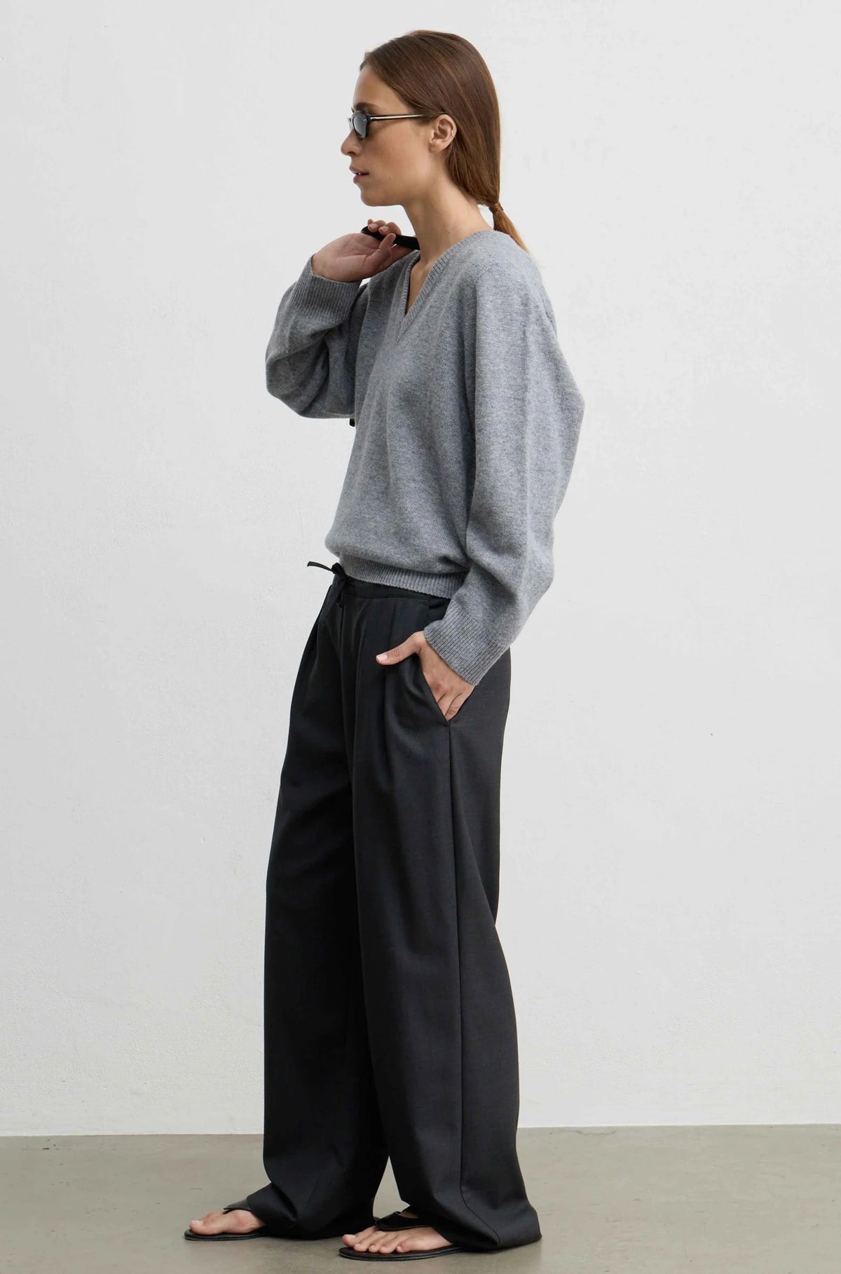 Waist Tie Wool Trousers in Charcoal