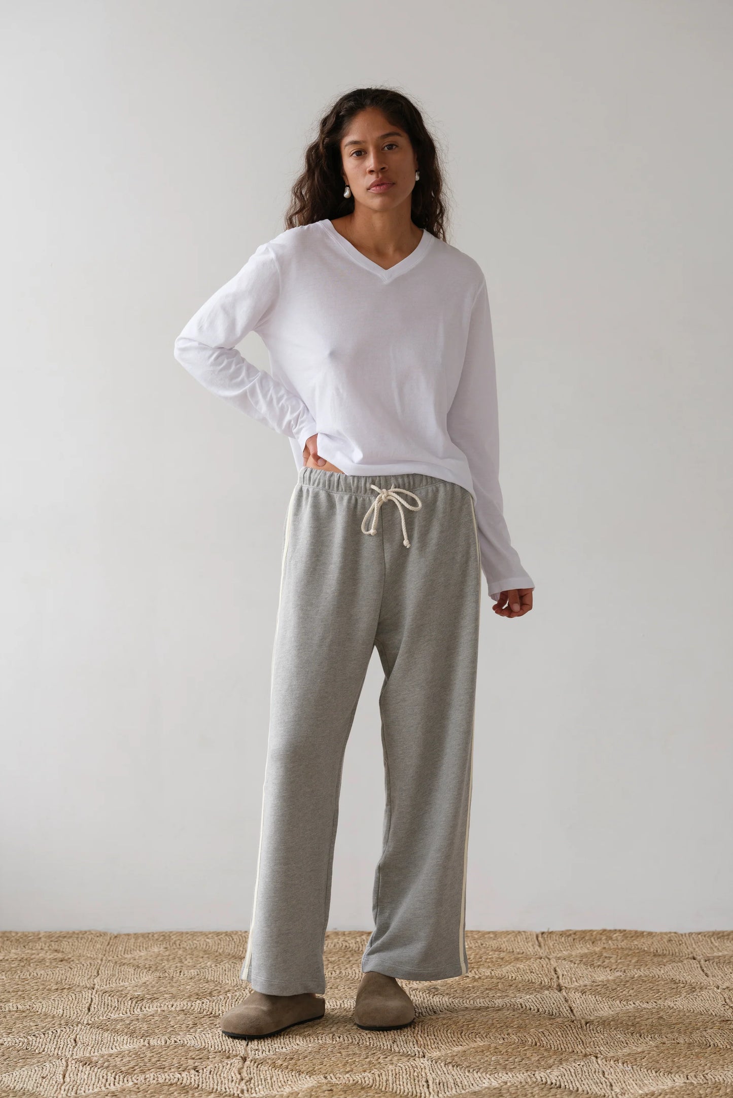 The Eco-Terry Stripe Pant in Heather Grey