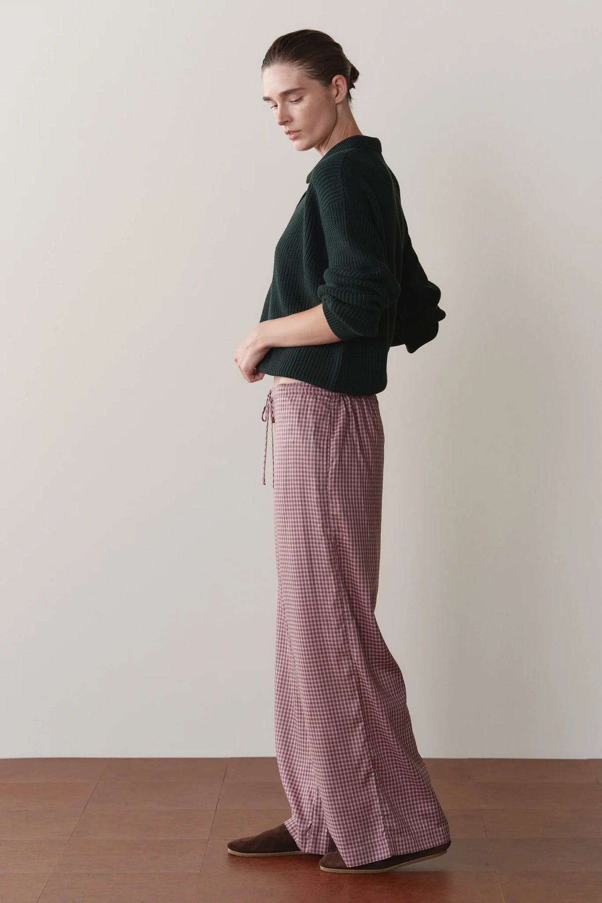 The Tencel Plaid Tie Pant in Roz/Espresso Plaid
