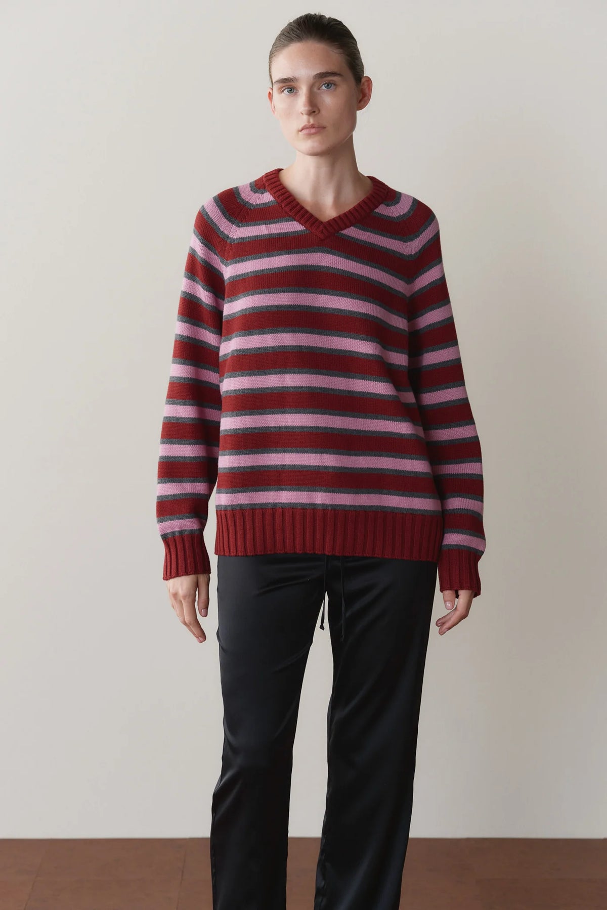 The Cotton Knit Stripe V-Neck Sweater in Oxblood/Roz/Cgy