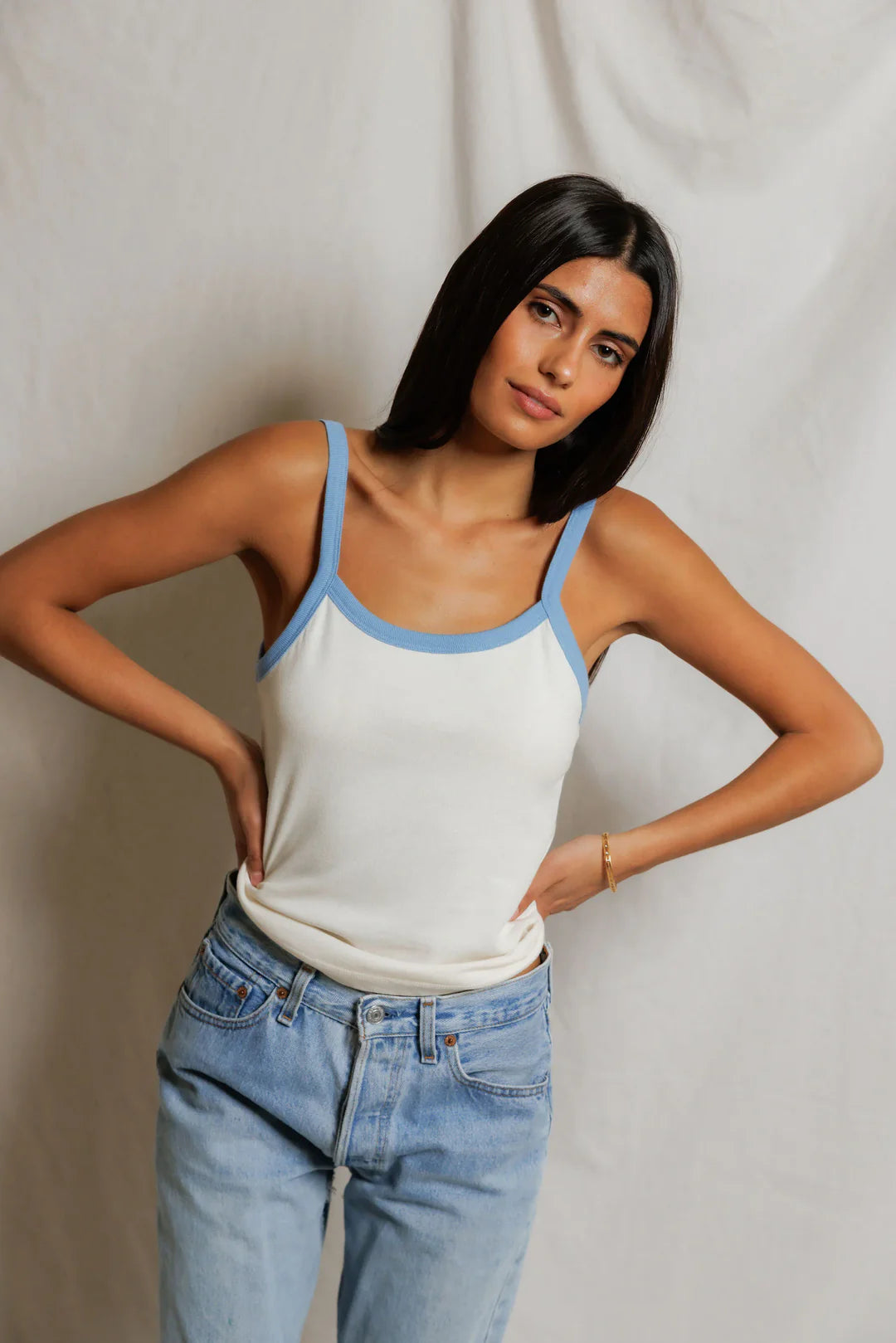 Cherry Cotton Ringer Tank in Bright Ivory & Pacific Blue