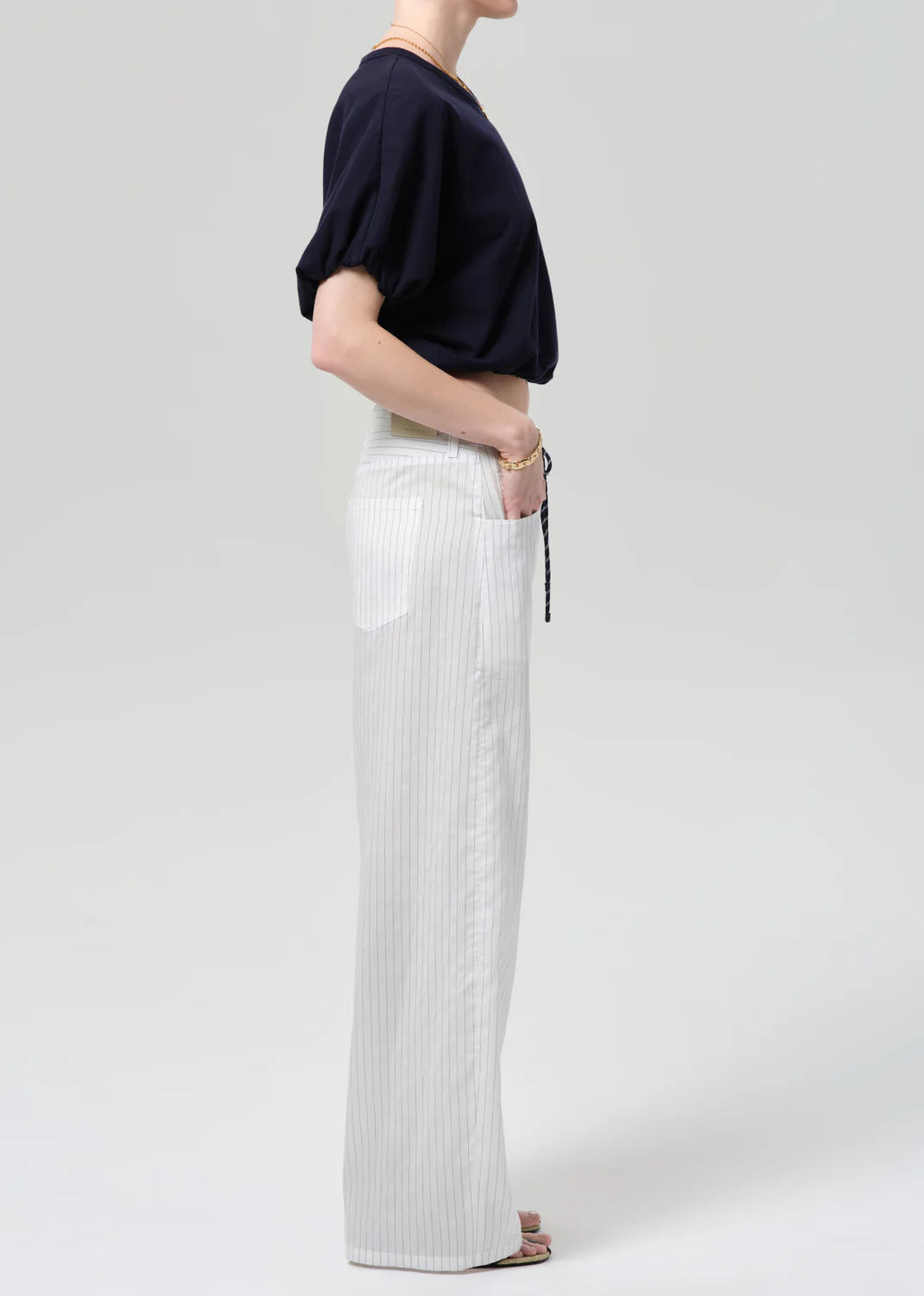 Brynn Drawstring Trousers in Black Pinstripe