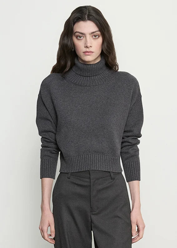 Cotton Cashmere Funnelneck Sweater in Charcoal