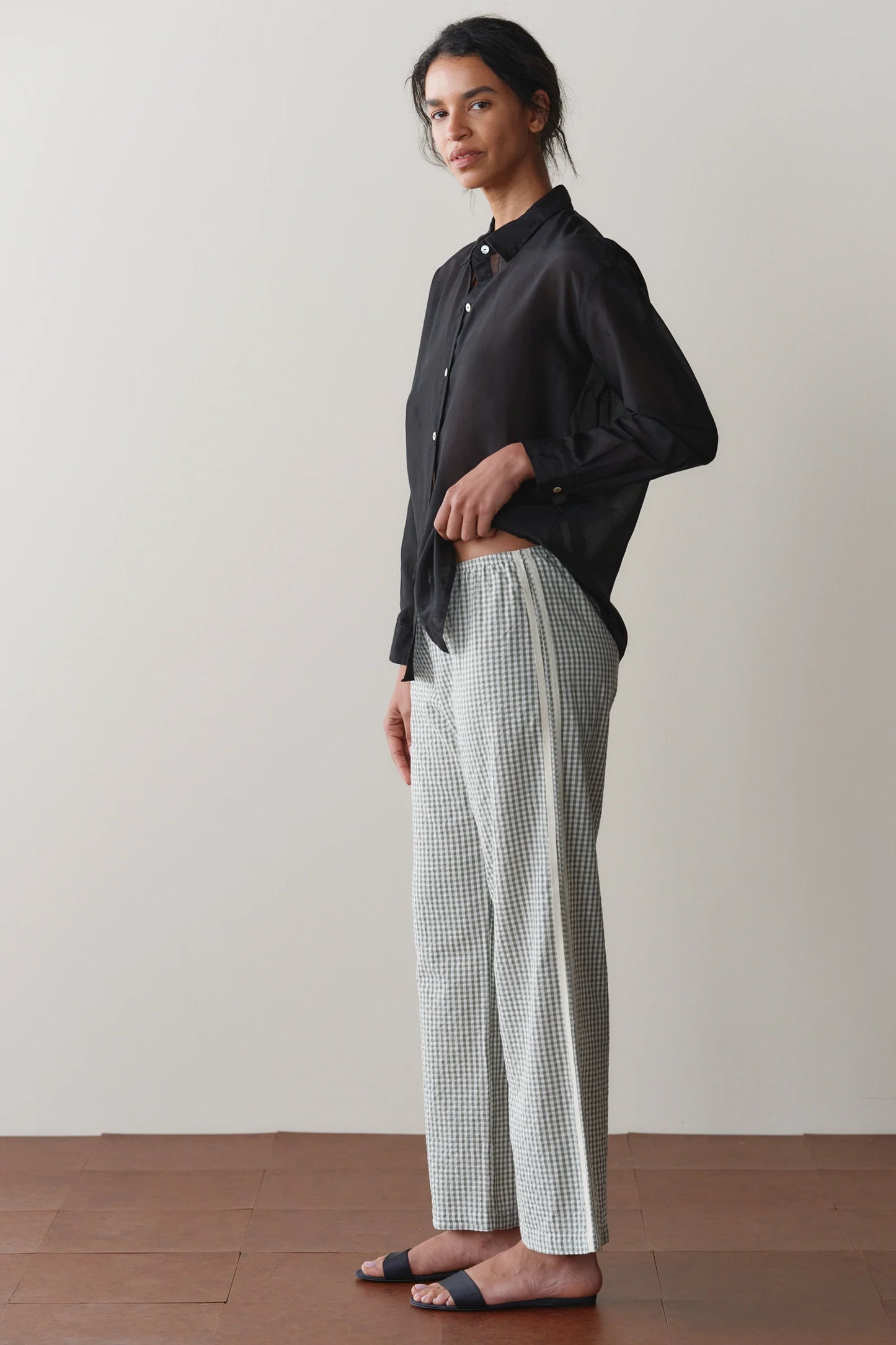 The Cotton Gingham Stripe Crop Pant in Dill