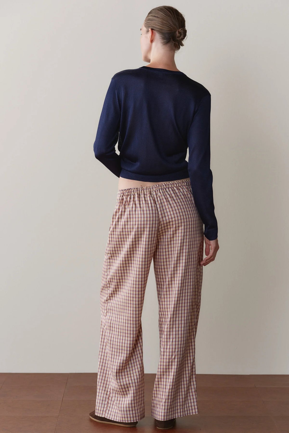 The Tencel Plaid Tie Pant in Creme/Roz Plaid