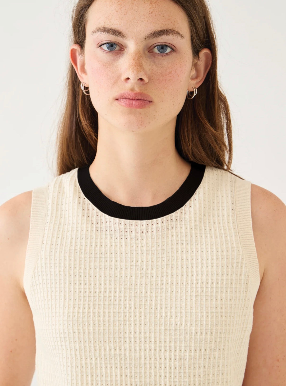 Issa Waffle Pointelle Cotton Top in Ecru/Black