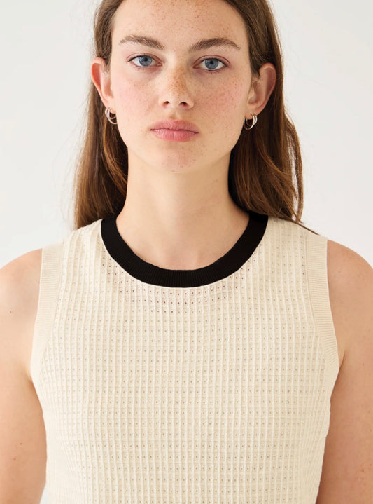 Issa Waffle Pointelle Cotton Top in Ecru/Black