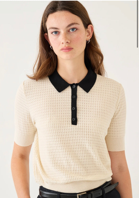 Celia Waffle Pointelle Cotton Polo Top in Ecru/Black
