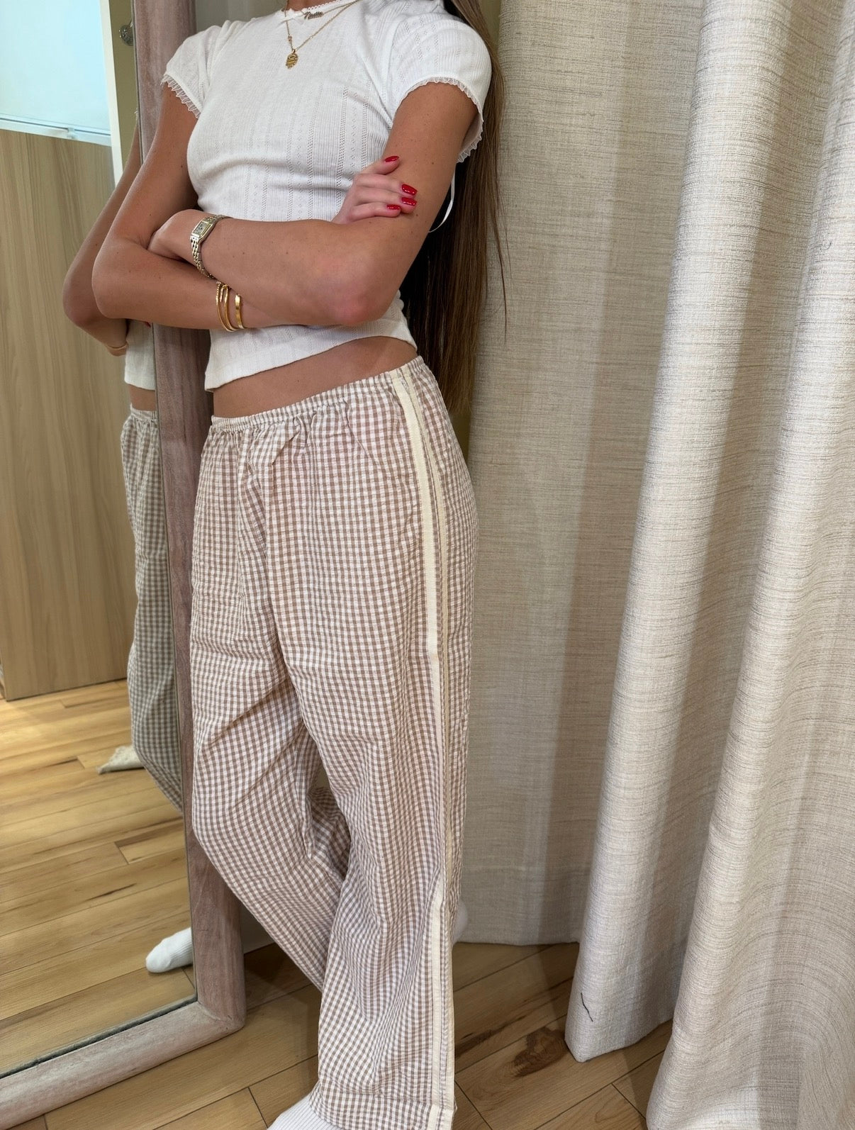 The Cotton Gingham Stripe Crop Pant in Shitake