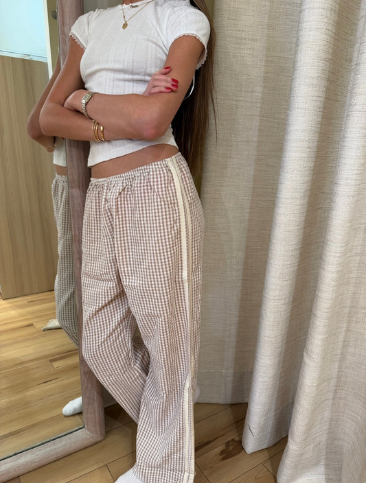 The Cotton Gingham Stripe Crop Pant in Shitake