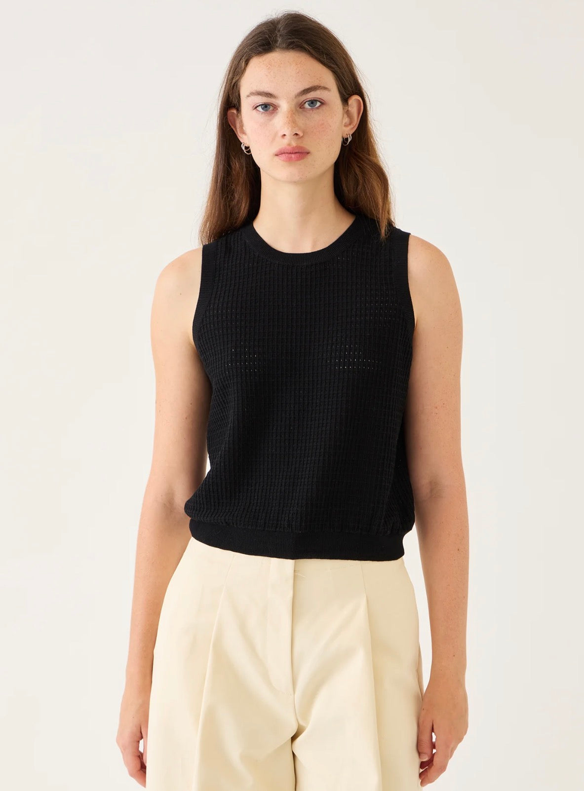 Issa Waffle Pointelle Cotton Top in Black