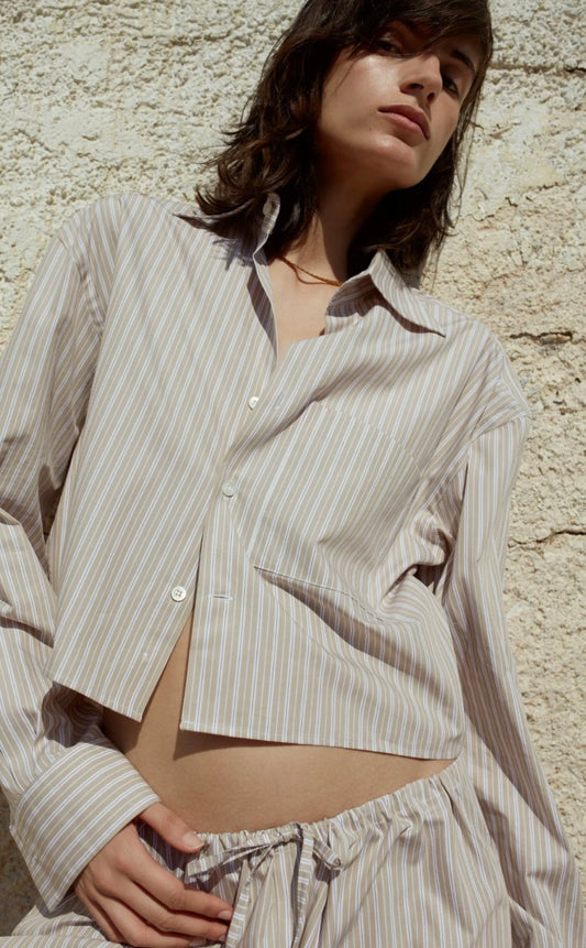 Cropped Open Back Shirt in Stone Stripe