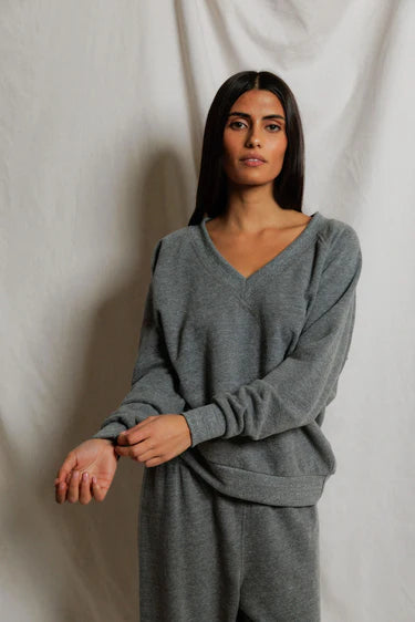 Sinead Relaxed French Terry V Neck Sweatshirt in Dark Heather Grey