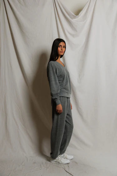 Sinead Relaxed French Terry V Neck Sweatshirt in Dark Heather Grey