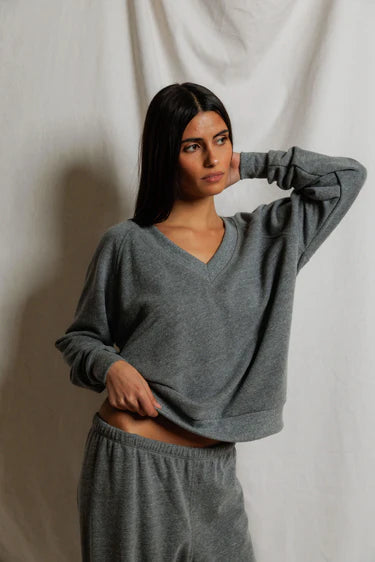 Sinead Relaxed French Terry V Neck Sweatshirt in Dark Heather Grey
