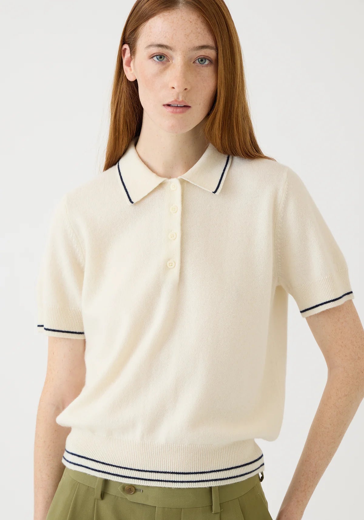 Elyse Cashmere Polo Top in Ivory/Navy