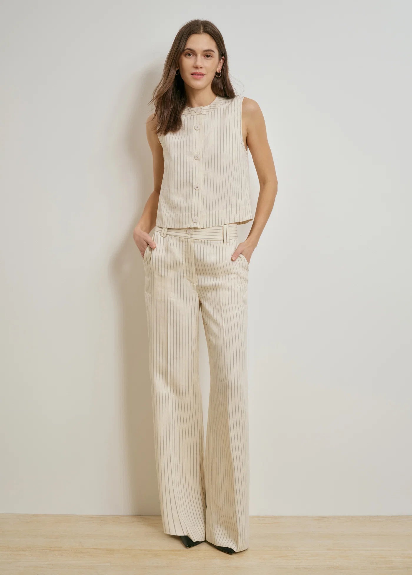 The Fine Line Pant in Cream Pinstripe