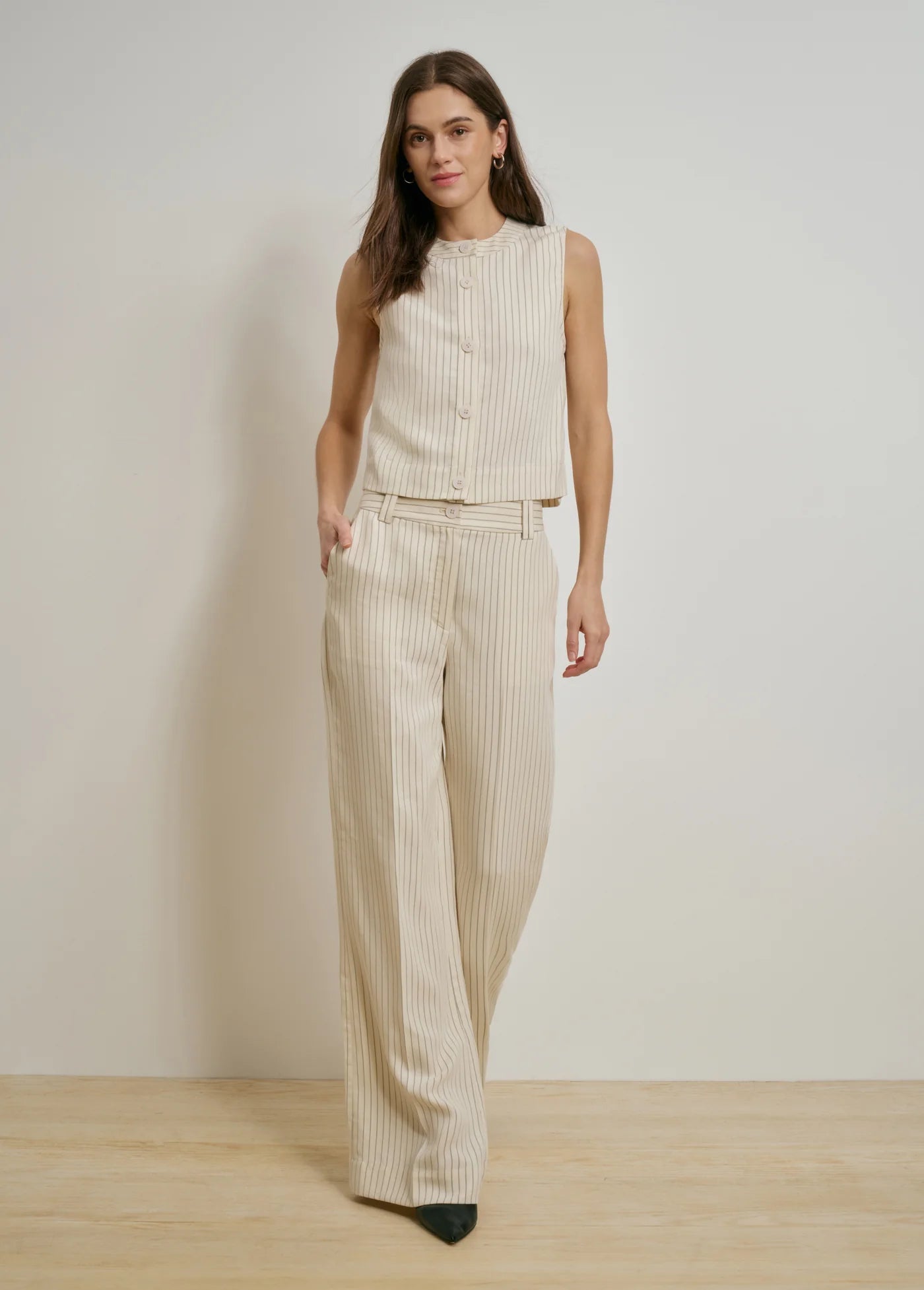 The Fine Line Pant in Cream Pinstripe