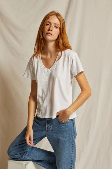 Hendrix Cotton Short Sleeve Boxy V Neck Tee in White