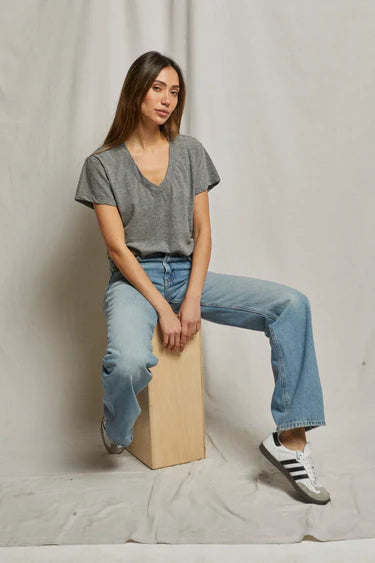 Hendrix Cotton Short Sleeve Boxy V Neck Tee in Heather Grey