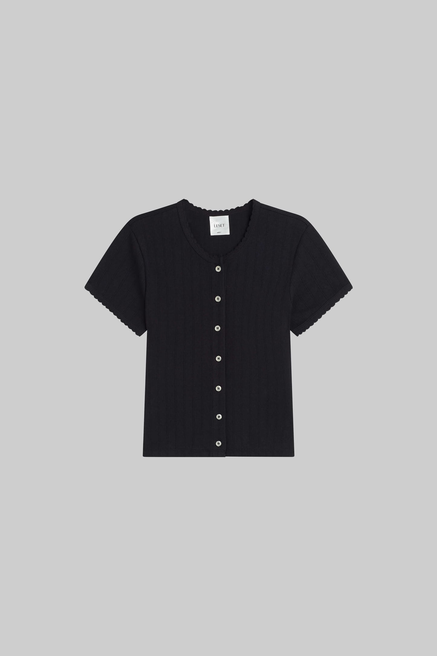 Pointelle Short Sleeve Cardigan in Black