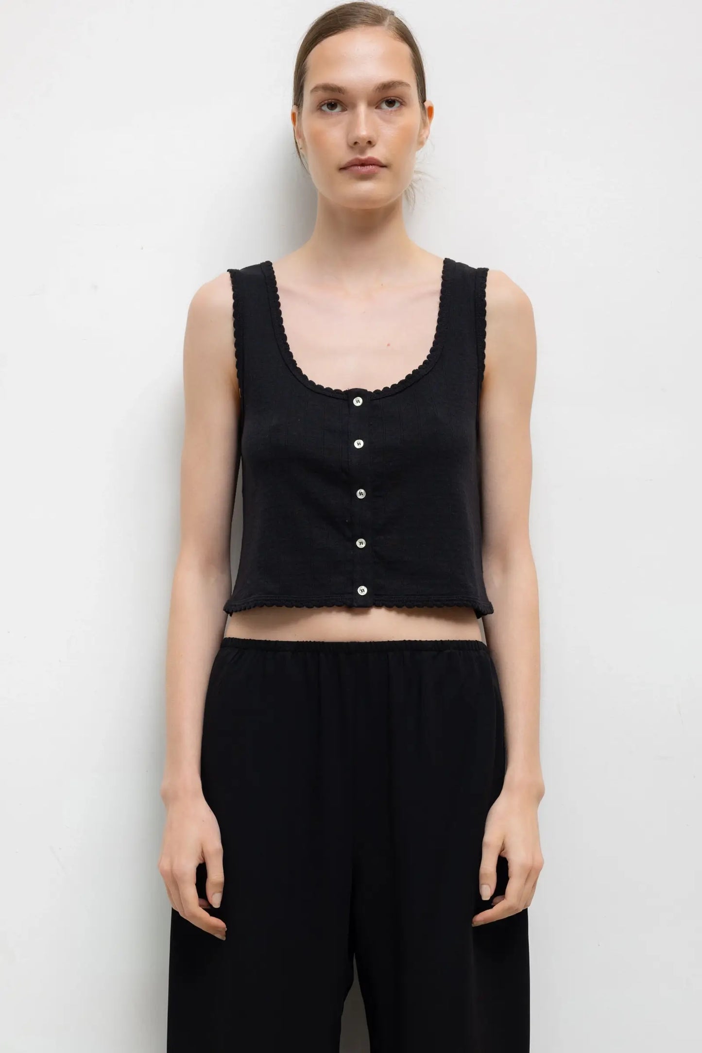 Pointelle Button Down Tank in Black