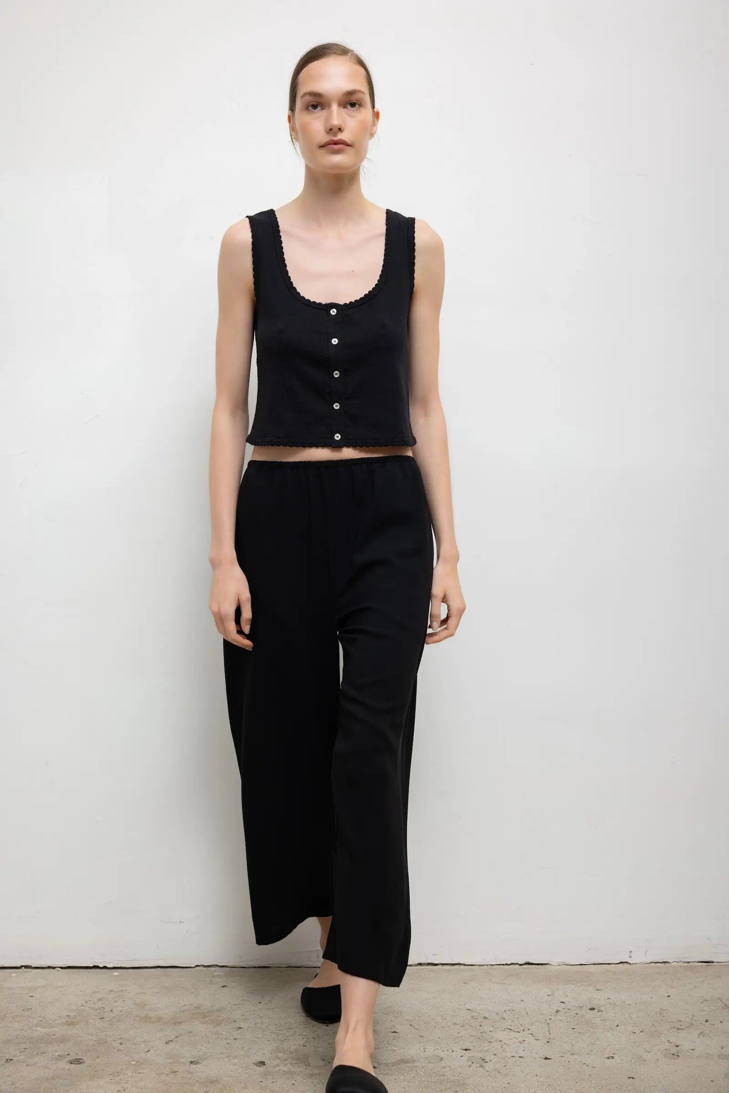 Pointelle Button Down Tank in Black