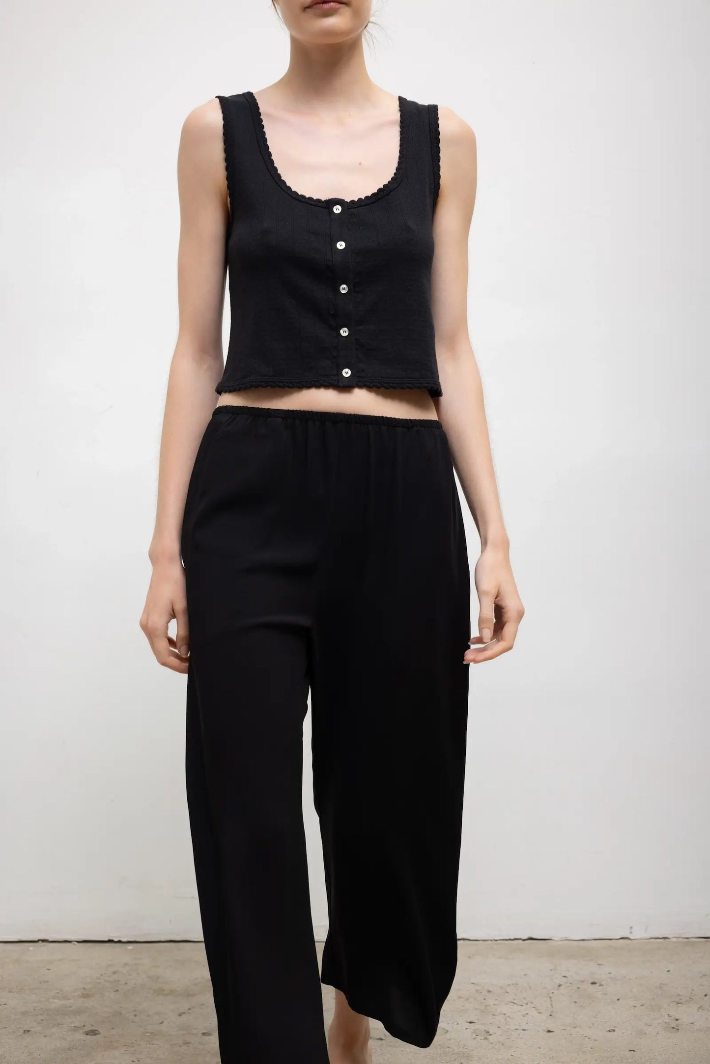 Pointelle Button Down Tank in Black