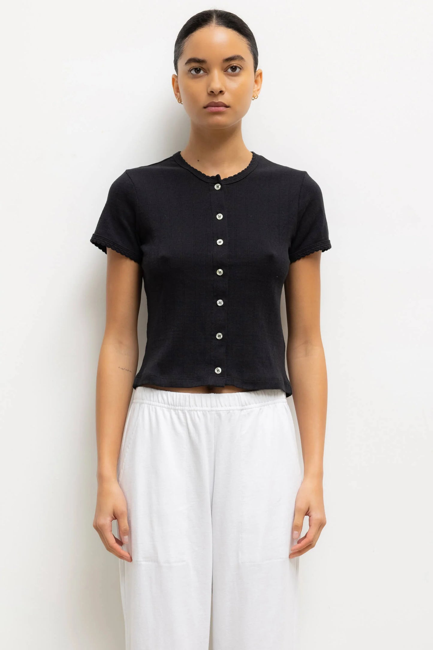 Pointelle Short Sleeve Cardigan in Black