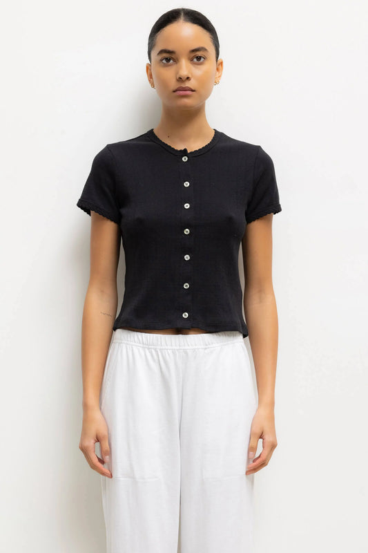 Pointelle Short Sleeve Cardigan in Black