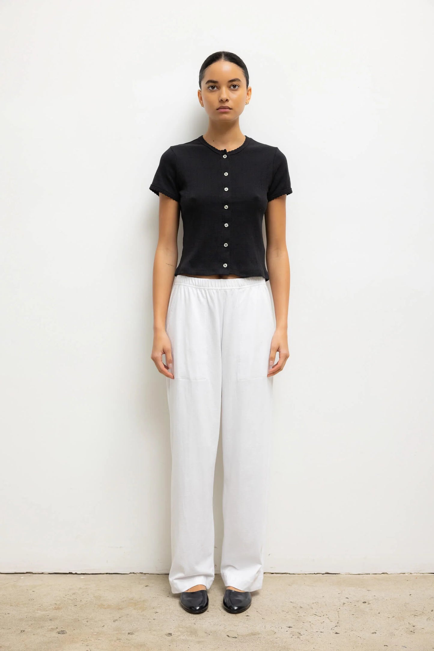 Pointelle Short Sleeve Cardigan in Black