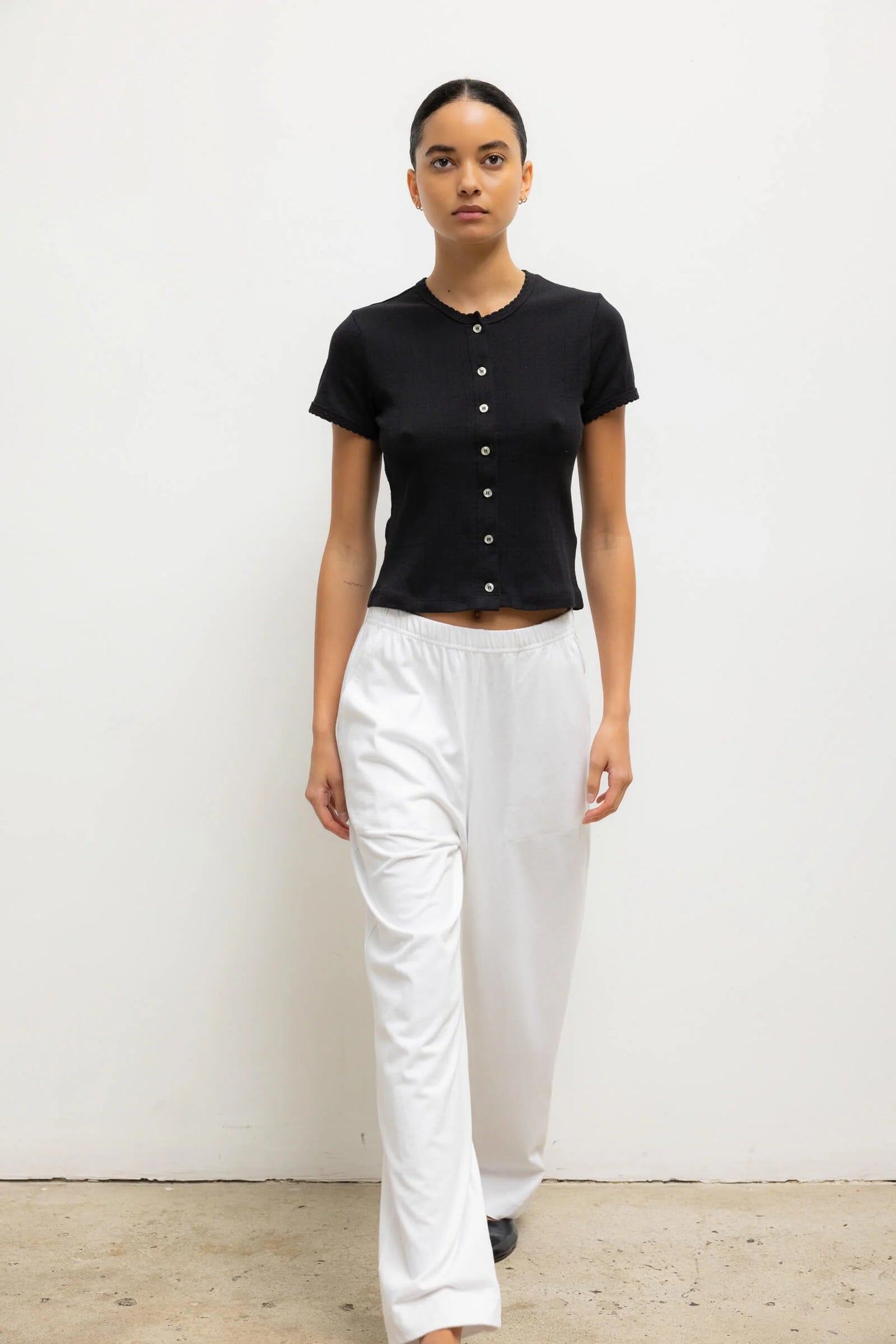 Pointelle Short Sleeve Cardigan in Black
