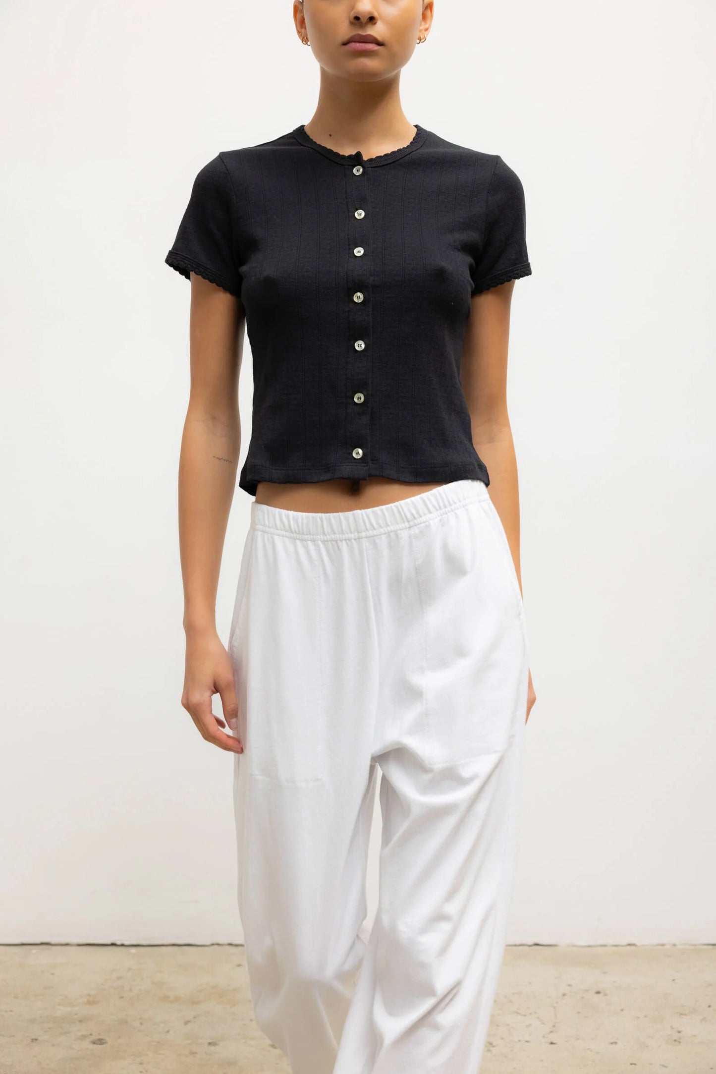 Pointelle Short Sleeve Cardigan in Black
