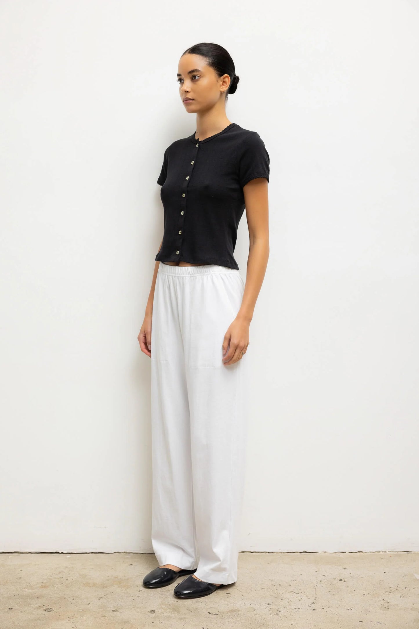 Pointelle Short Sleeve Cardigan in Black